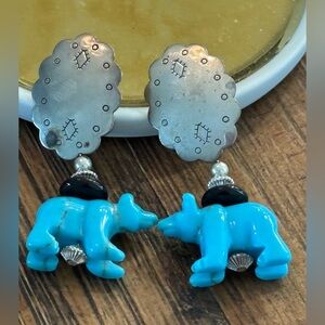 Carolyn Pollack Sterling 925 Silver Carved Turquoise Bear and Onyx Earrings